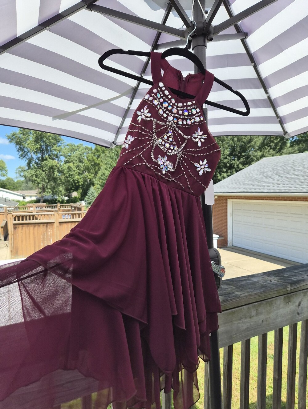 Girls' Burgundy Beaded Halter Dance Dress
